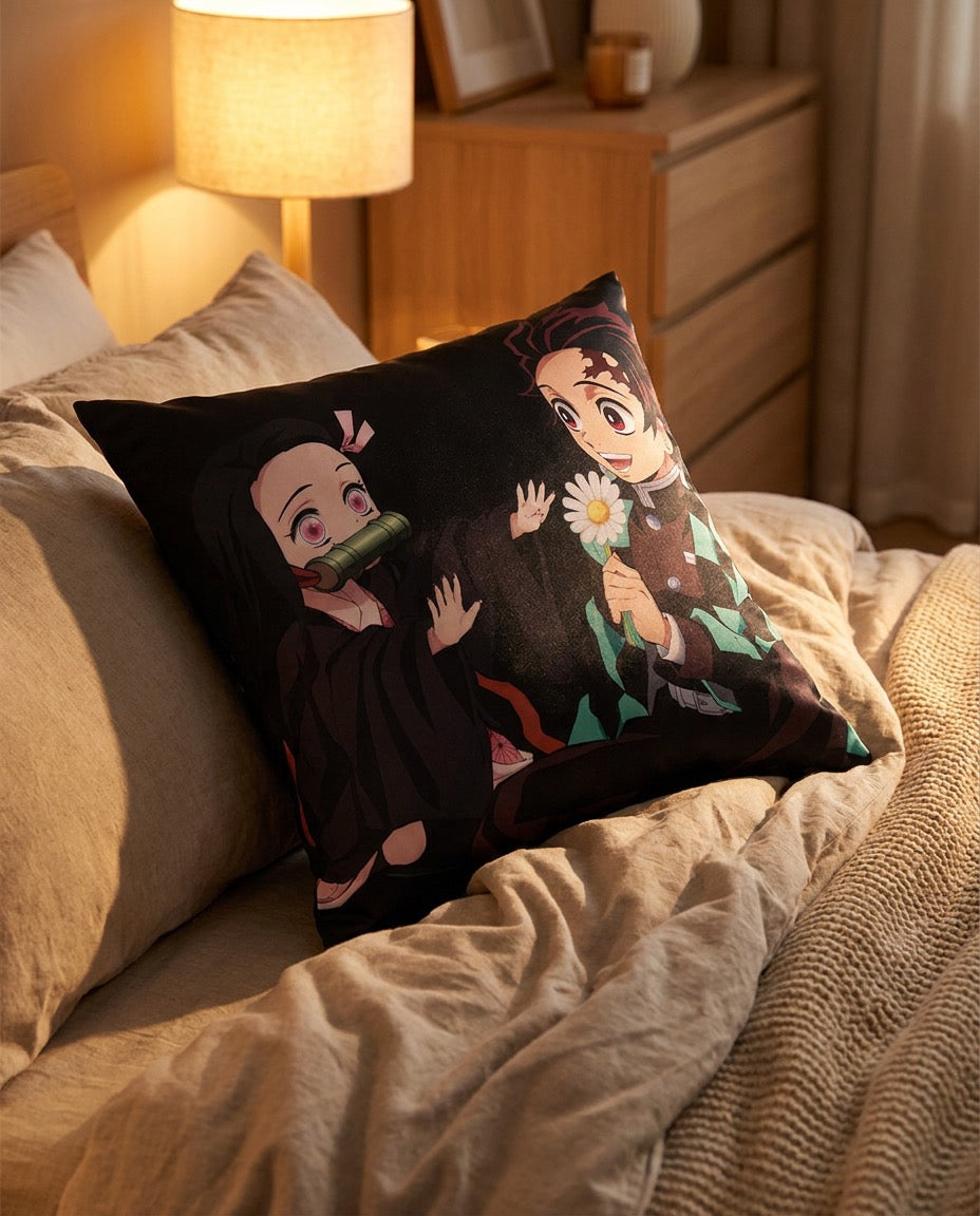 Demon Slayer: Tanjiro & Nezuko – Pillows & Bedding | On a bed | Official Funikido merchandise