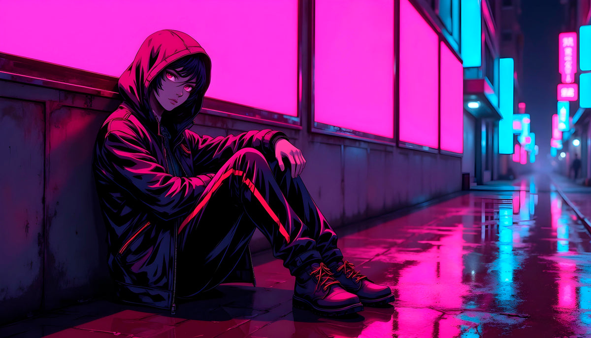 Anime character in a neon-lit city | Funikido official anime & gaming merch