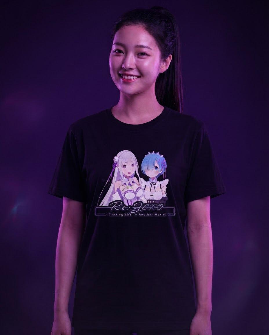 Colorful Tee — Emilia & Rem (Re:Zero) — Funikido brand visual (pending client approval)